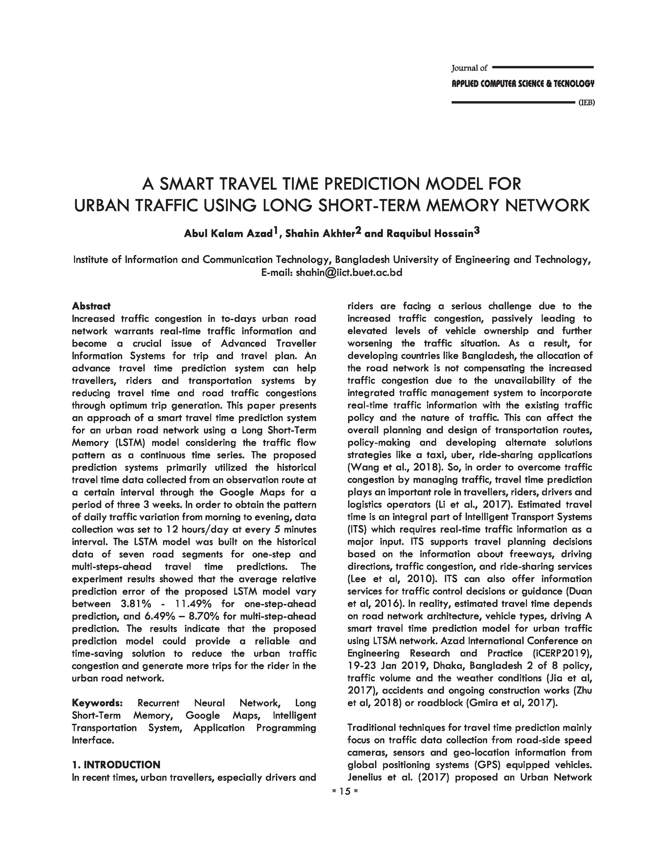 A SMART TRAVEL TIME PREDICTION MODEL FOR URBAN TRAFFIC USING LONG SHORT-TERM MEMORY NETWORK