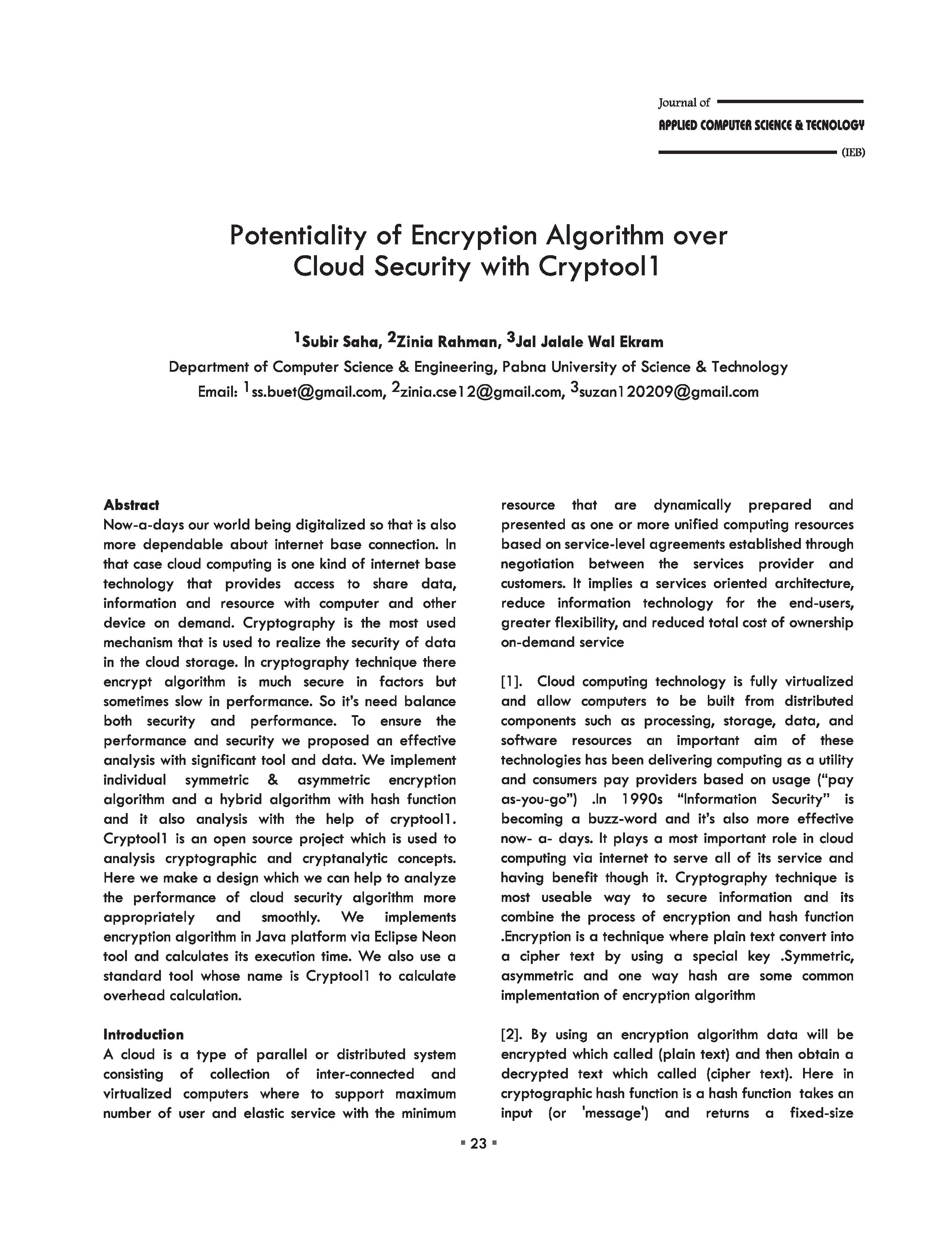 Potentiality of Encryption Algorithm over Cloud Security with Cryptool1