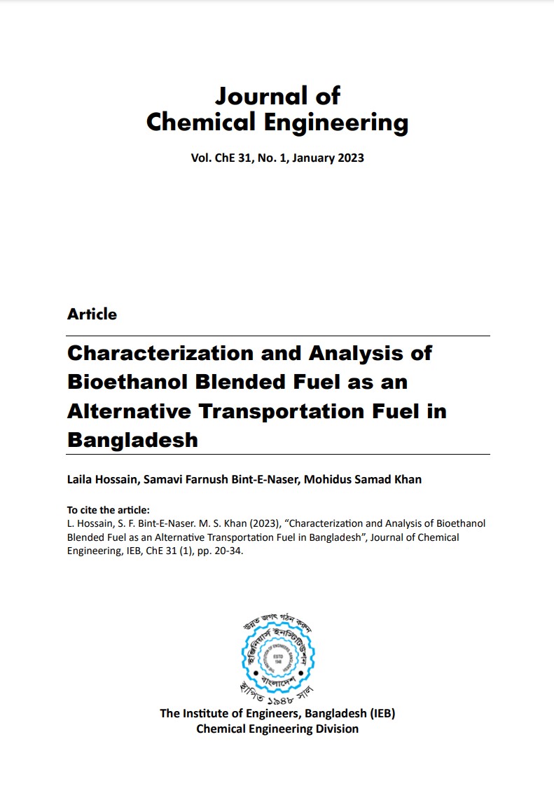 Characterization and Analysis of Bioethanol Blended Fuel as an Alternative Transportation Fuel in Bangladesh