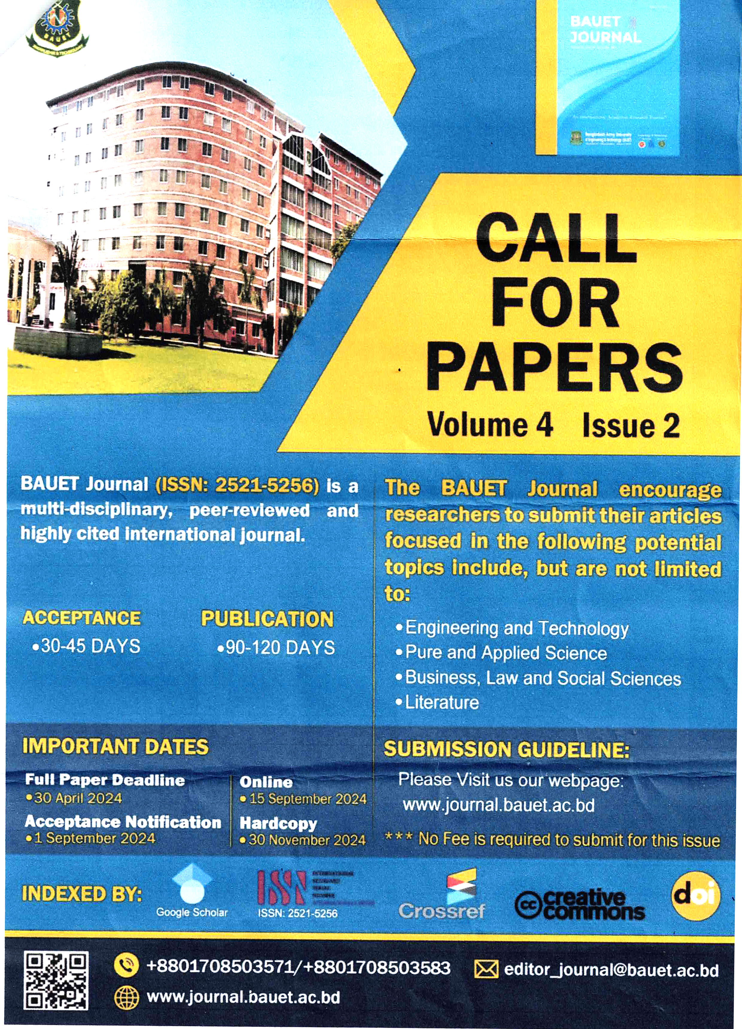 BAUET Journal (ISSN 2521-5256)  Call for Paper 2024