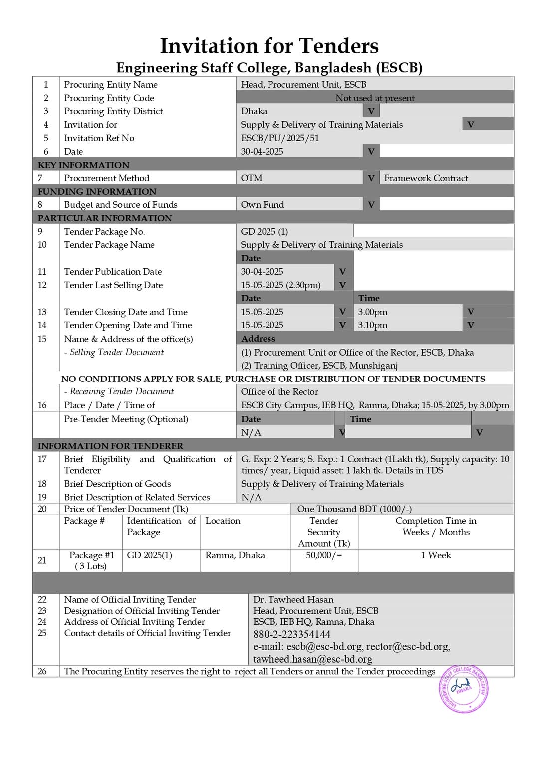 Invitation for Tenders
