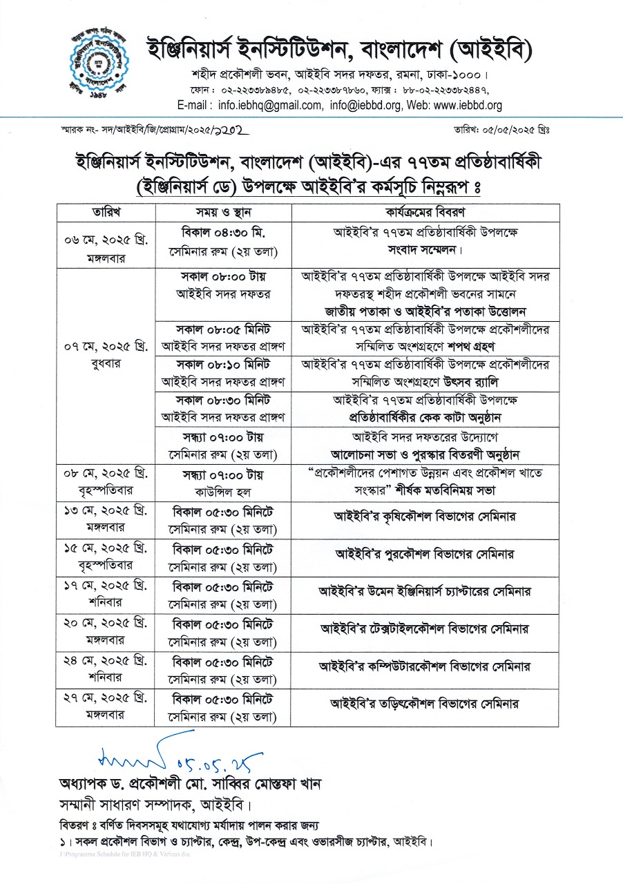 ইঞ্জিনিয়ার্স ইনস্টিটিউশন, বাংলাদেশ (আইইবি)-এর ৭৭তম প্রতিষ্ঠাবার্ষিকী (ইঞ্জিনিয়ার্স ডে) উপলক্ষে আইইবি'র কর্মসূচি নিম্নরূপ