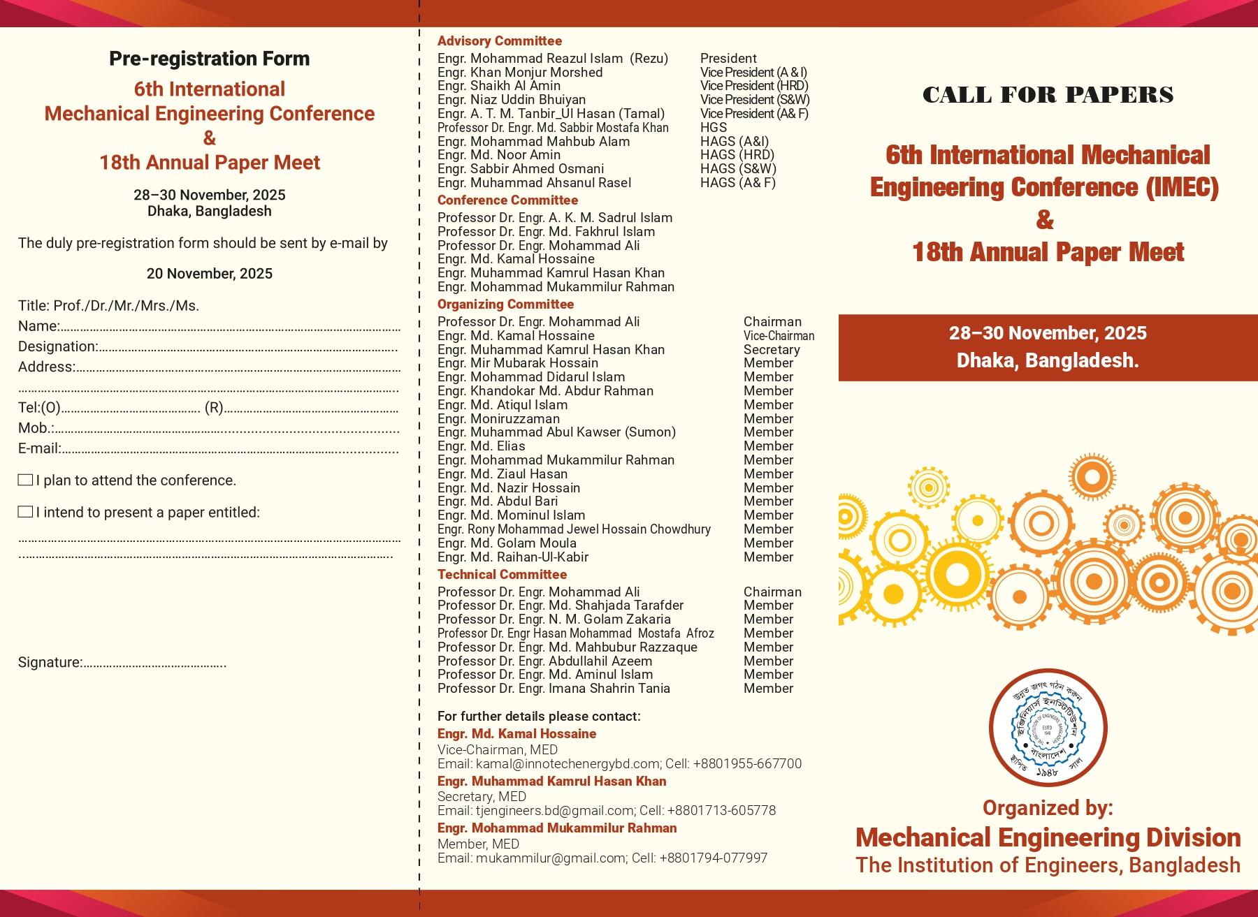 CALL FOR PAPERS | 6th International Mechanical Engineering Conference (IMEC) & 18th Annual Paper Meet