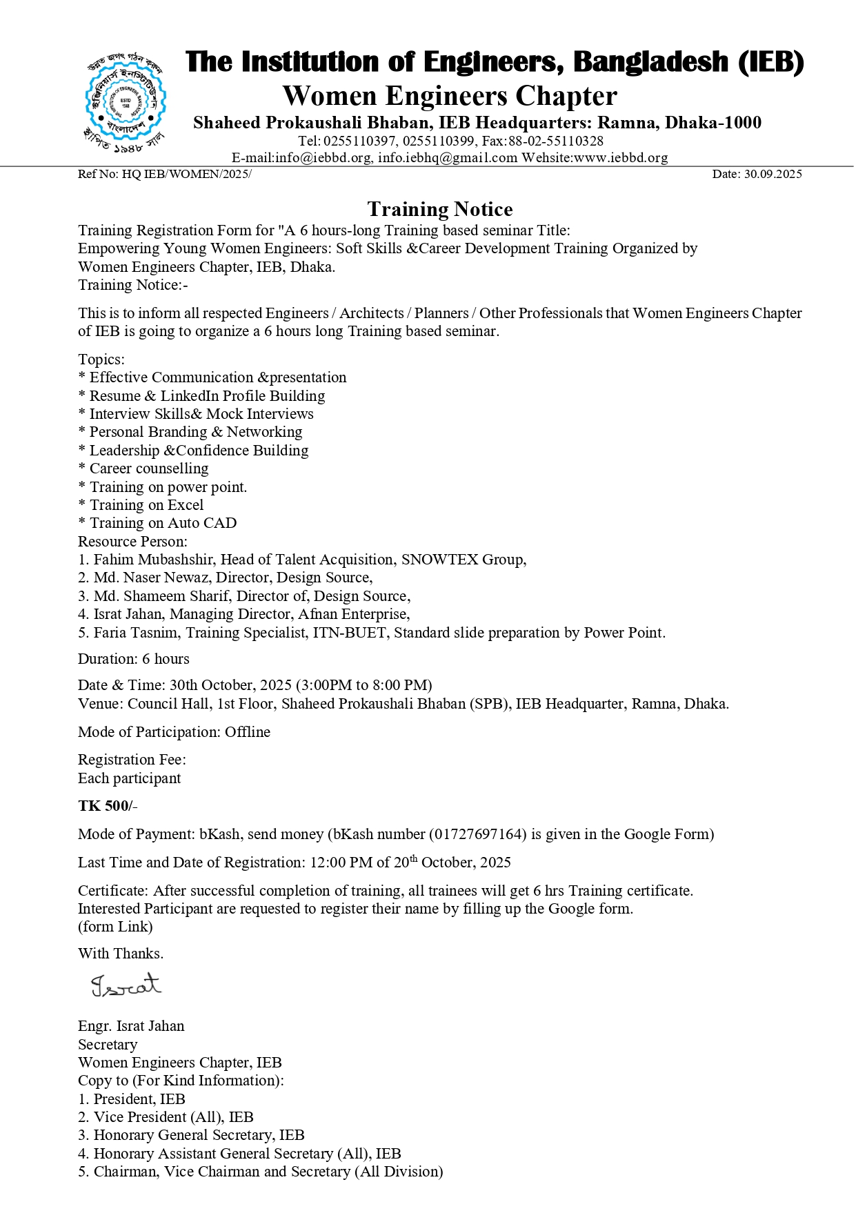 A 6 hours-long Training based seminar: Empowering Young Engineers: Soft Skills & Career Development Training.