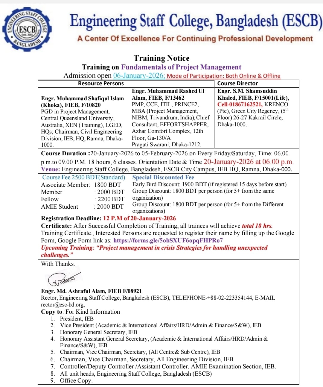 Training on Fundamentals of Project Management Notice.