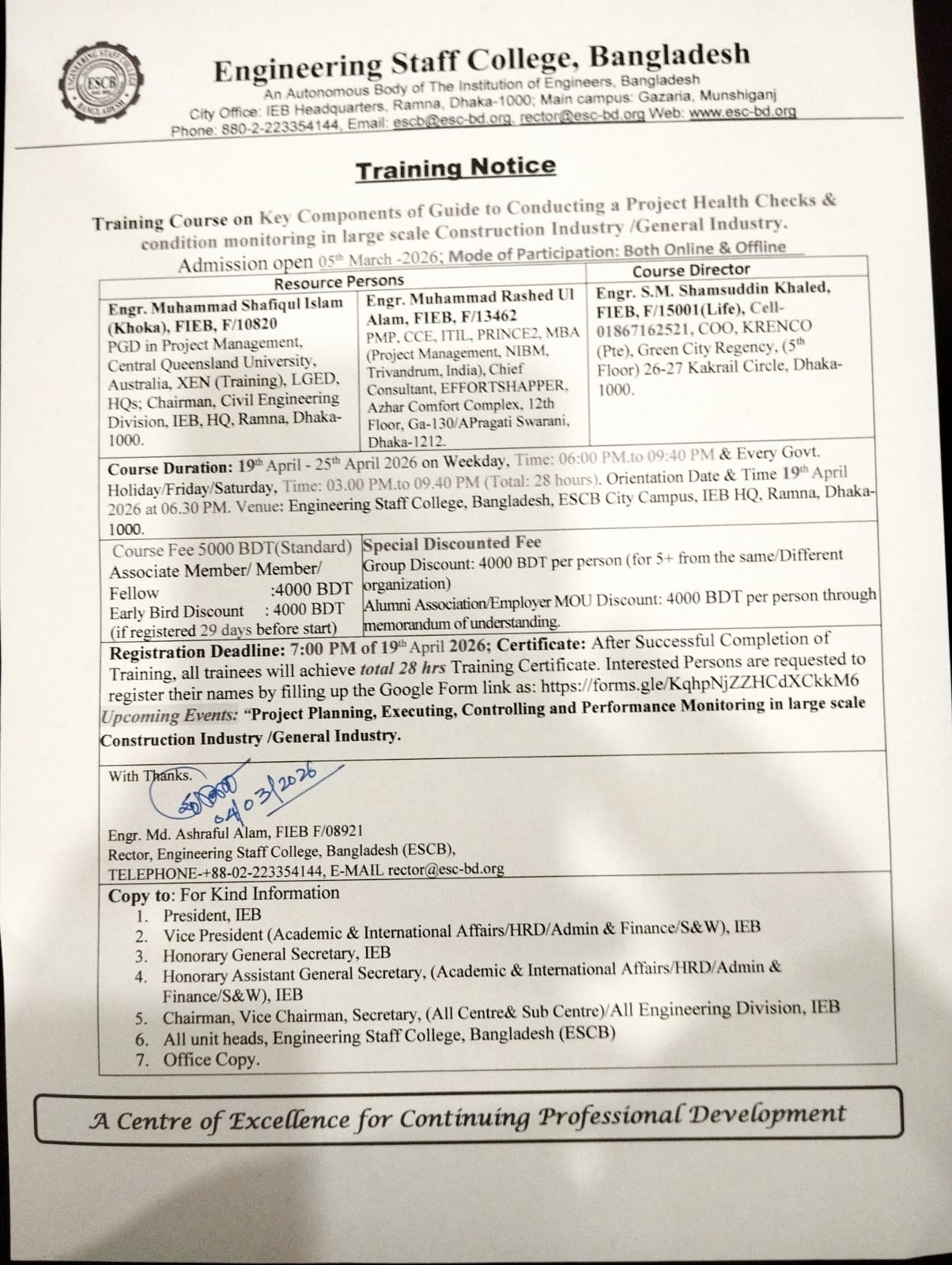 Training Notice: Training Course on Key Components of Guide to Conducting a Project Health Checks & condition monitoring in large scale Construction Industry/General Industry